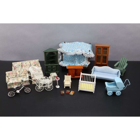 Vintage Miniature Dollhouse Furniture Bike Buggies Birdbath Books Etc. - Picture 1 of 8